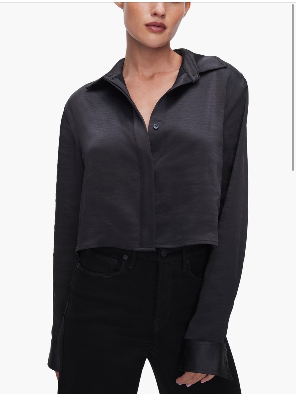 Good American Cropped Satin Button-Down Shirt - Black